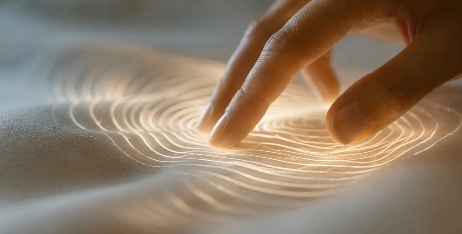 A hand touches a surface of light, sending fine ripples outwards.