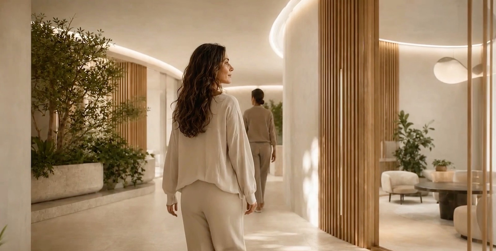 A calm, daylit clinical interior in warm materials, with people walking through.