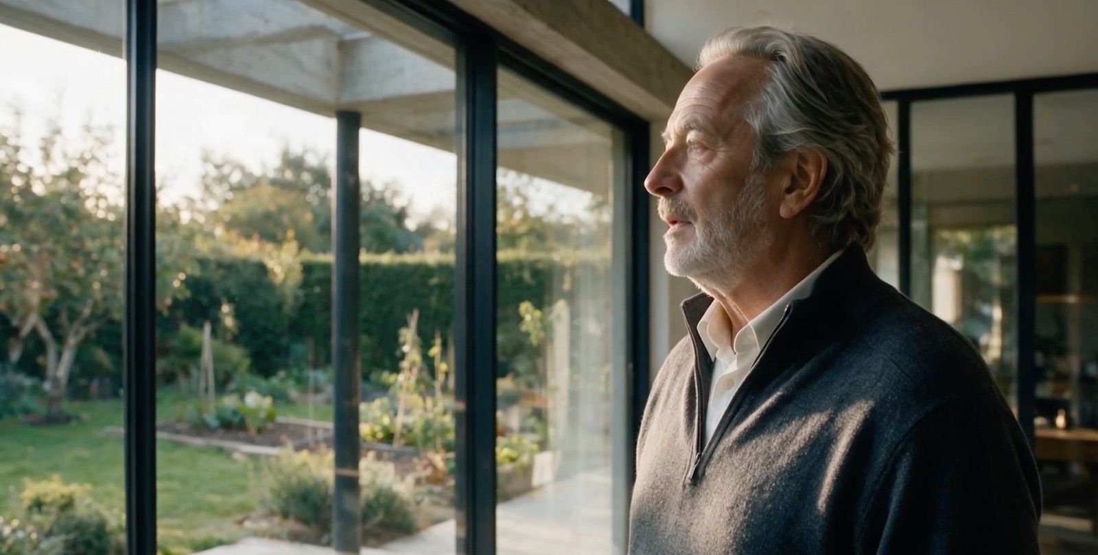 A man stands at a window in quiet daylight, waiting.